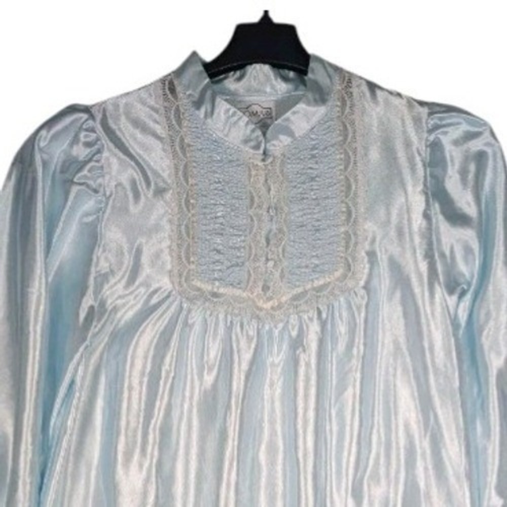 Komar Lg Med Icy Blue Long Sleeve Lace Trim Nightgown Gown Liquid Satin‎ - Picture 3 of 9